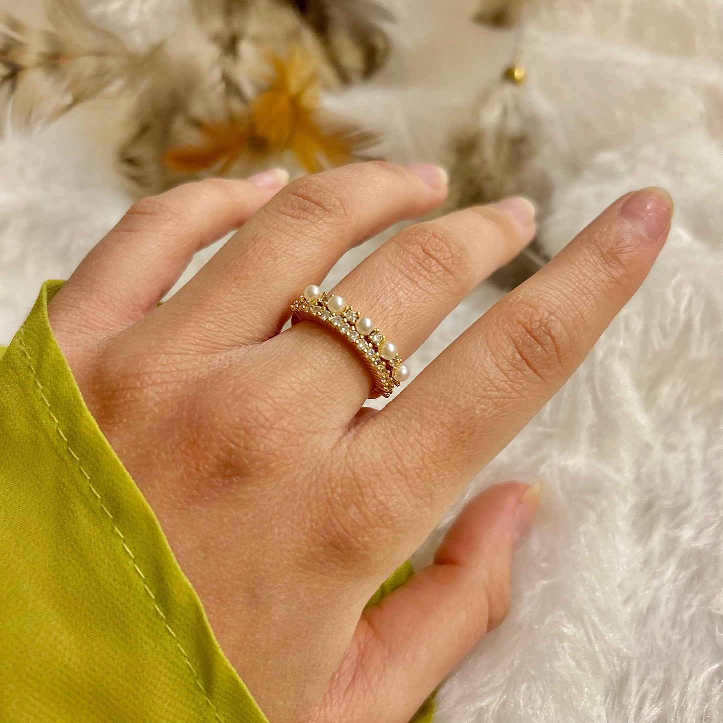 Pearl Studded Zirconia Ring (One Size, Adjustable)