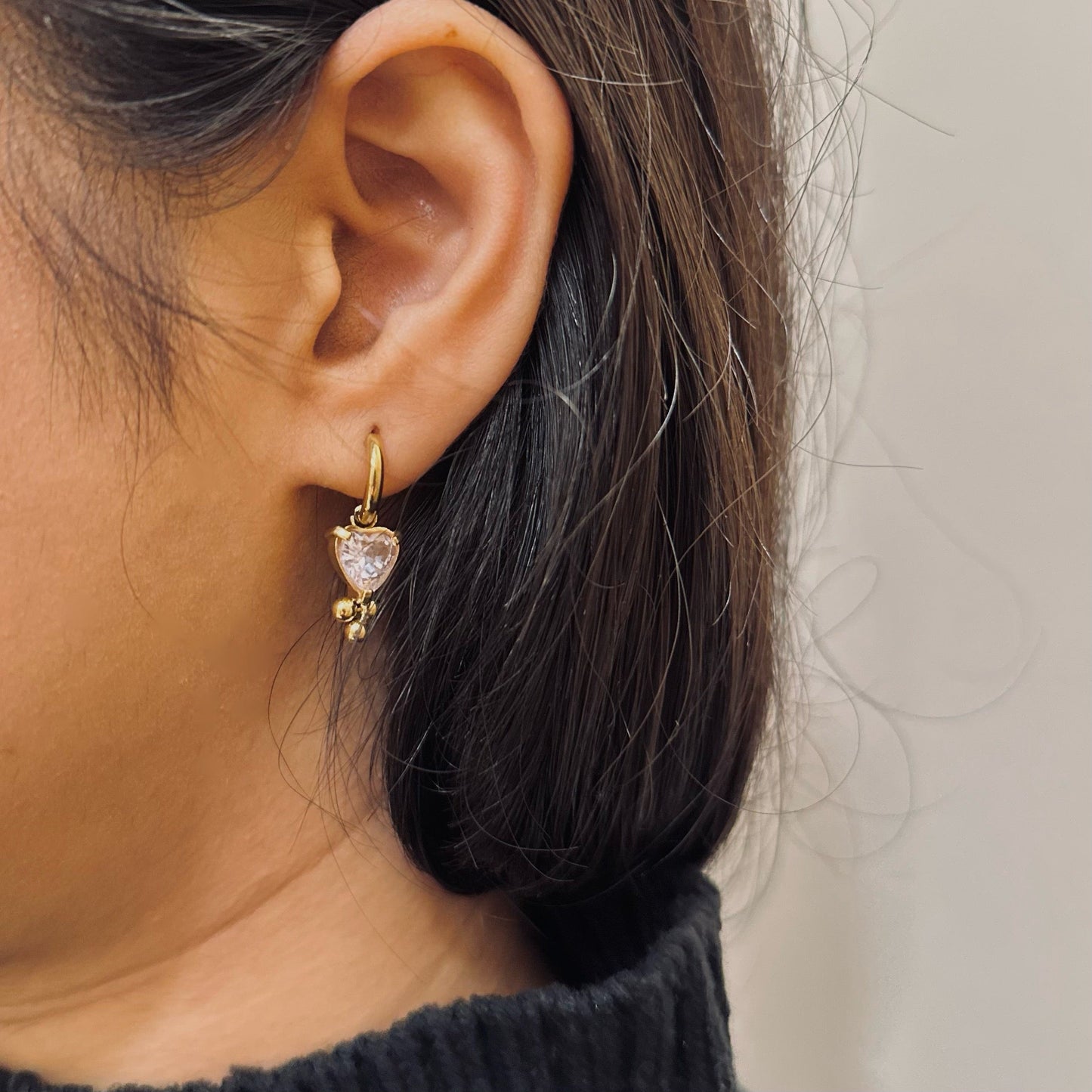 Heart Zirconia Three Drop Earrings