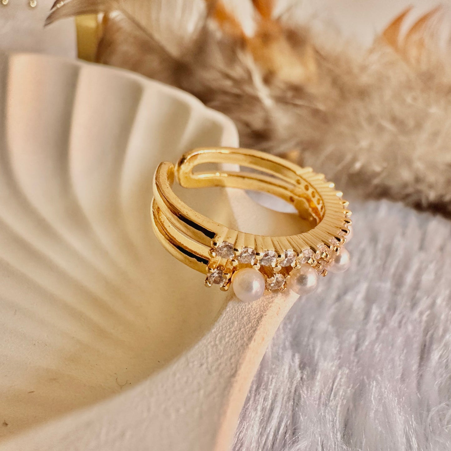 Pearl Studded Zirconia Ring (One Size, Adjustable)
