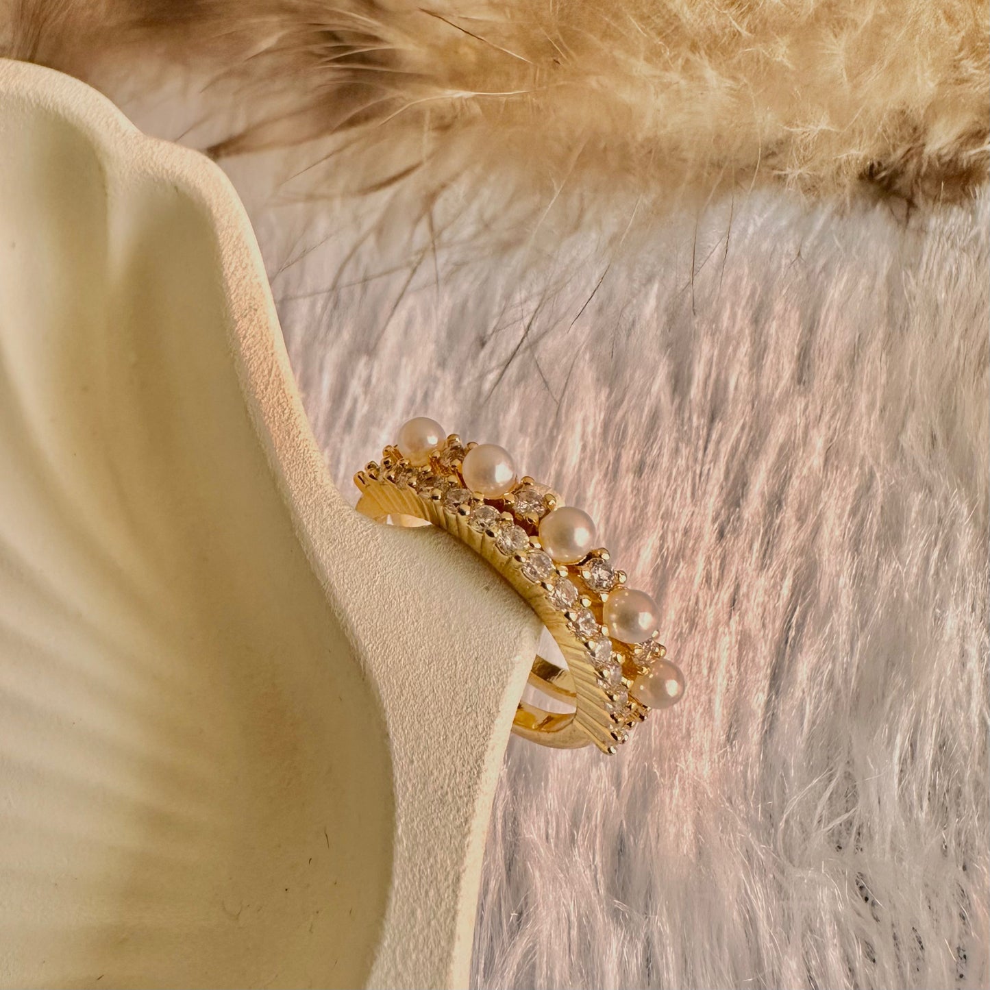 Pearl Studded Zirconia Ring (One Size, Adjustable)